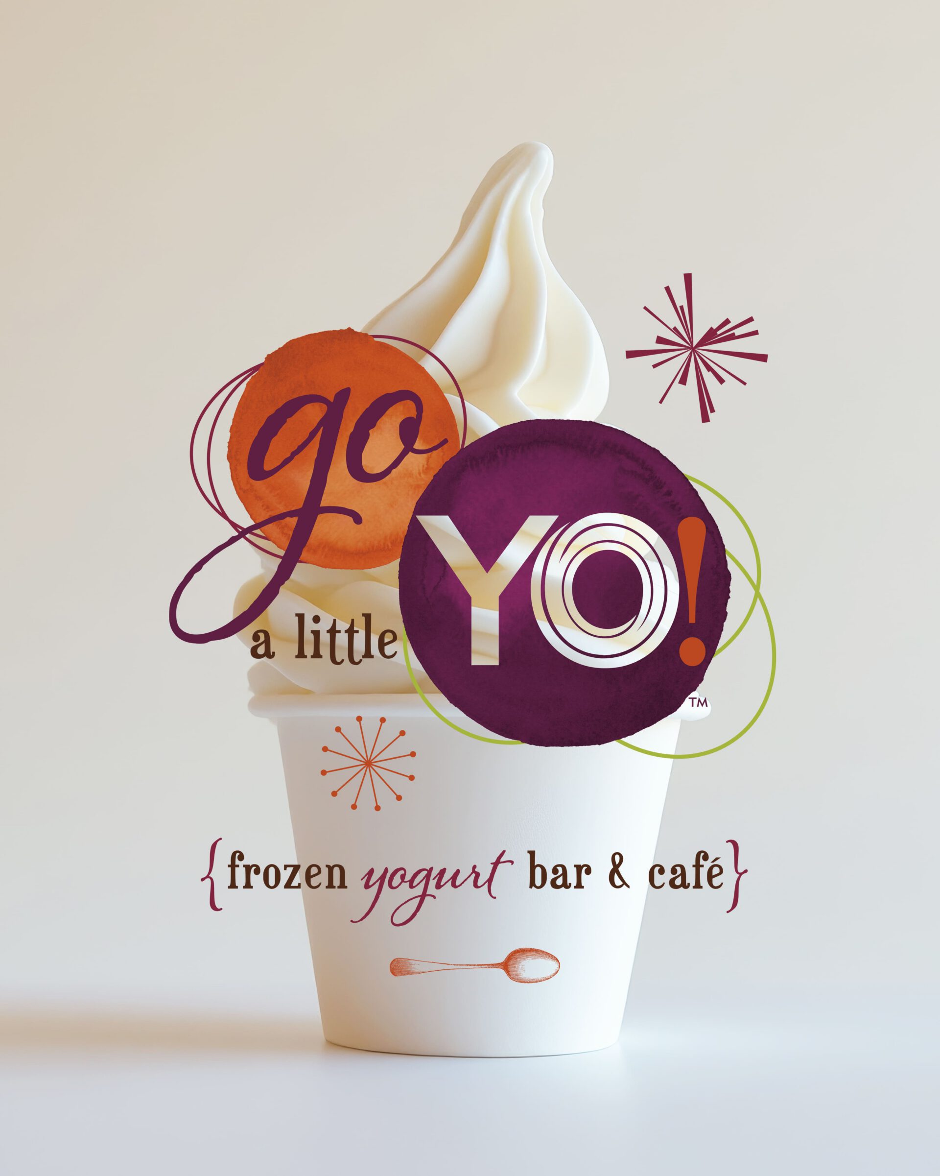 Go a little yo! frozen yogurt bar & café brand identity logo over a photo of a white soft-serve frozen yogurt cup. Branding services by Rebecca Snyder, International award winning graphic designer for A LA MODE deigns.