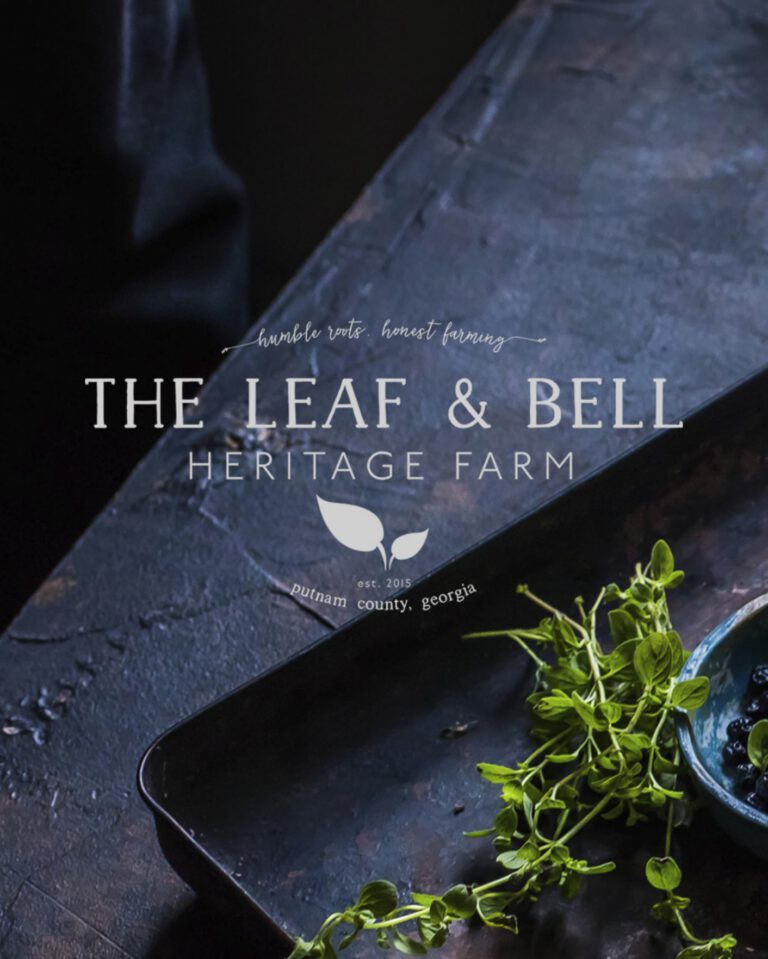 The Leaf & Bell Heritage Farm wordmark with leaf emblem and “est. 2015, Putnam County, Georgia