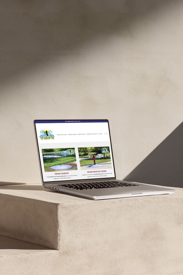 Laptop mockup displaying the My Splash Pad Shopify ecommerce website, showcasing ecommerce web development by Matt Snyder at A LA MODE designs, an award-winning front-end developer.
