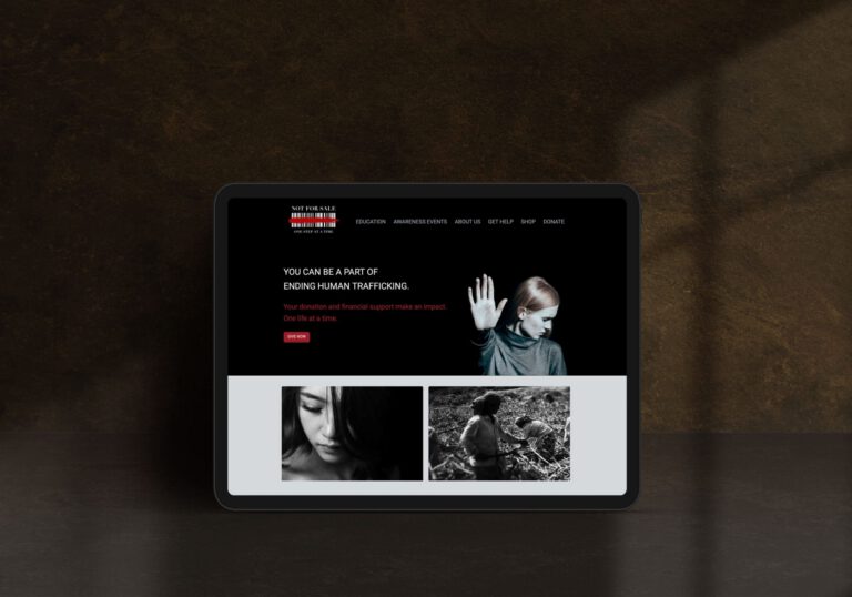 Tablet mockup showing the Not For Sale homepage with anti–human trafficking message and navigation.
