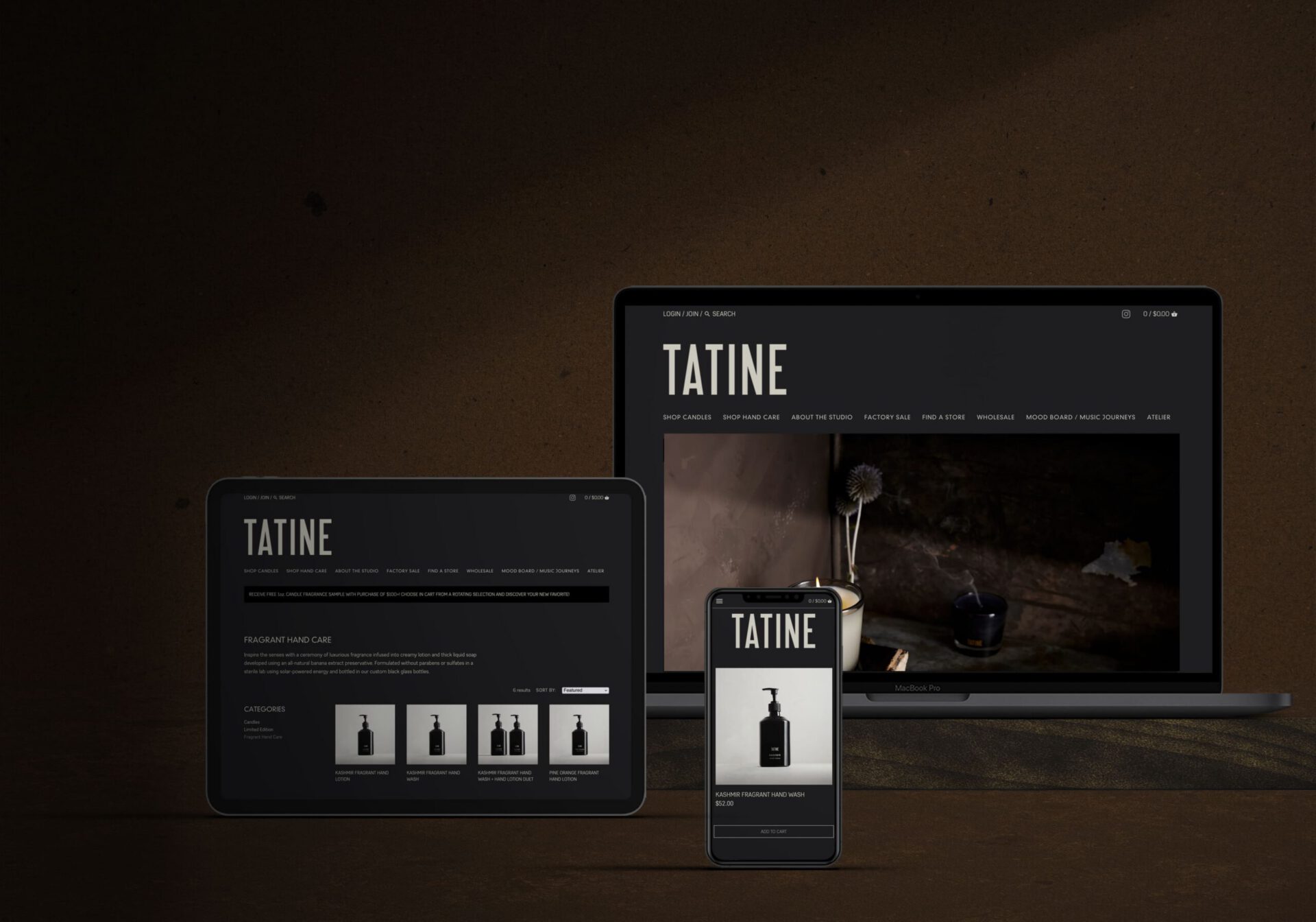 Responsive Tatine Shopify ecommerce site mockup displayed on laptop, tablet, and mobile devices on a dark studio background, developed by A LA MODE designs (Matt Snyder).