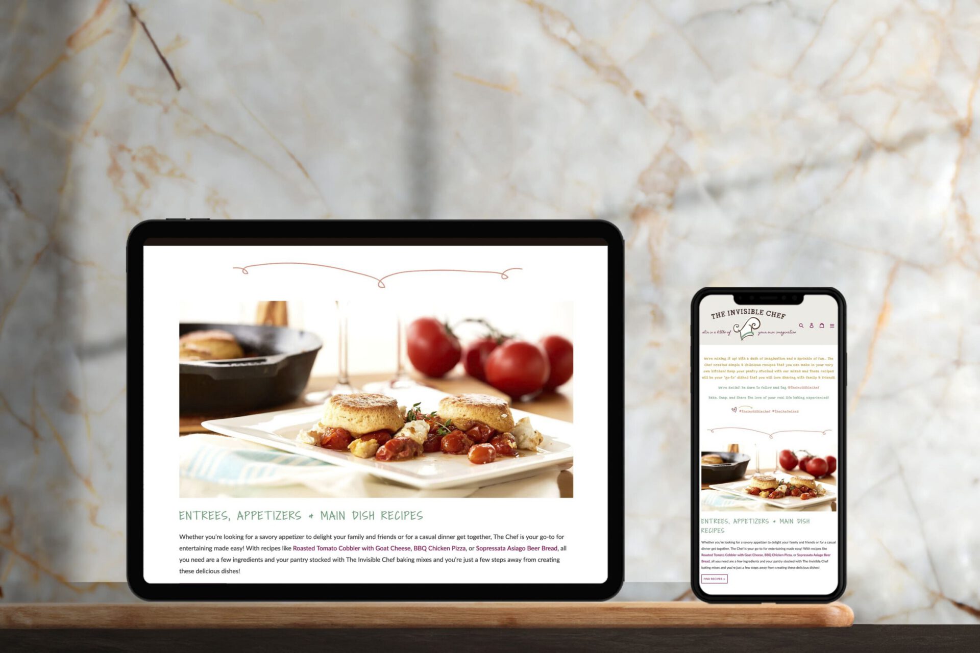 Responsive WordPress website design and development for The Invisible Chef shown on tablet and smartphone, featuring a recipe page with plated food photography.